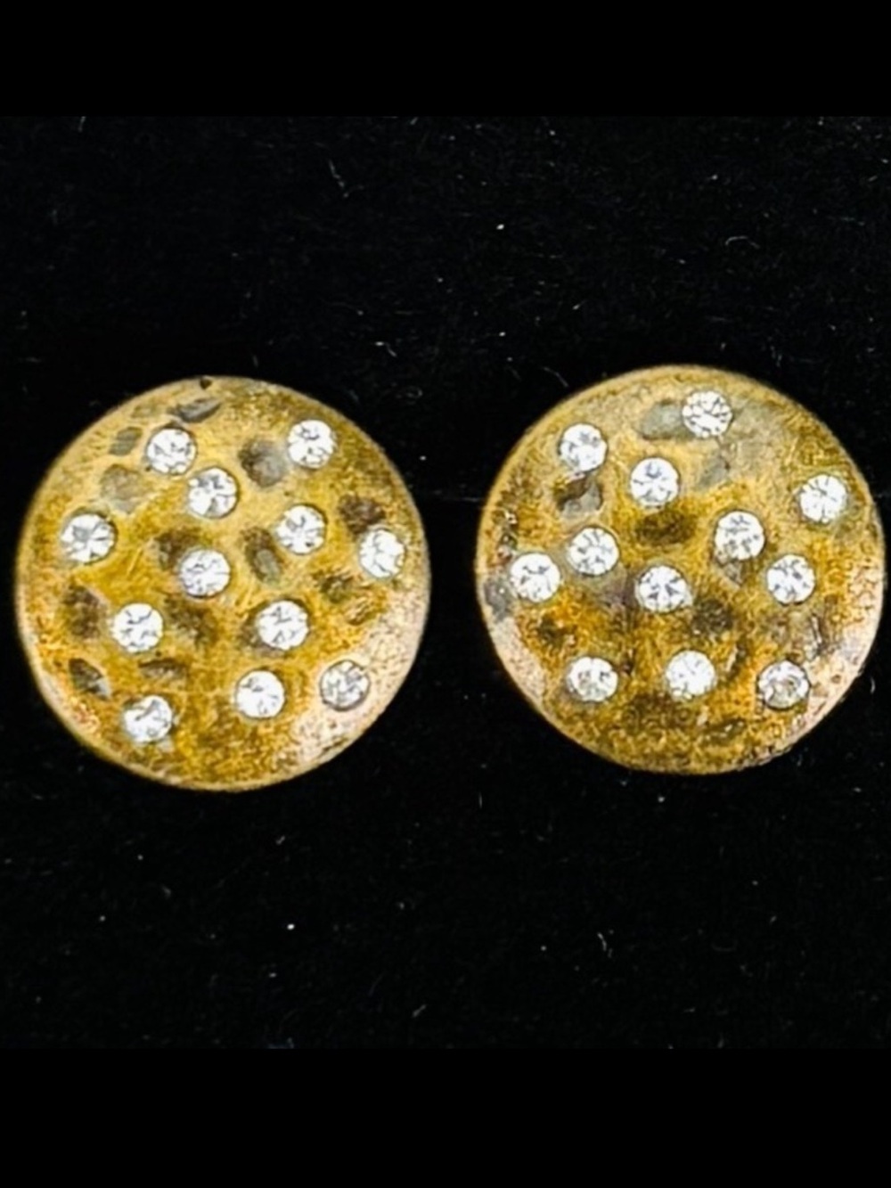 Vintage hammered, brass tone bling circle costume pierced earrings